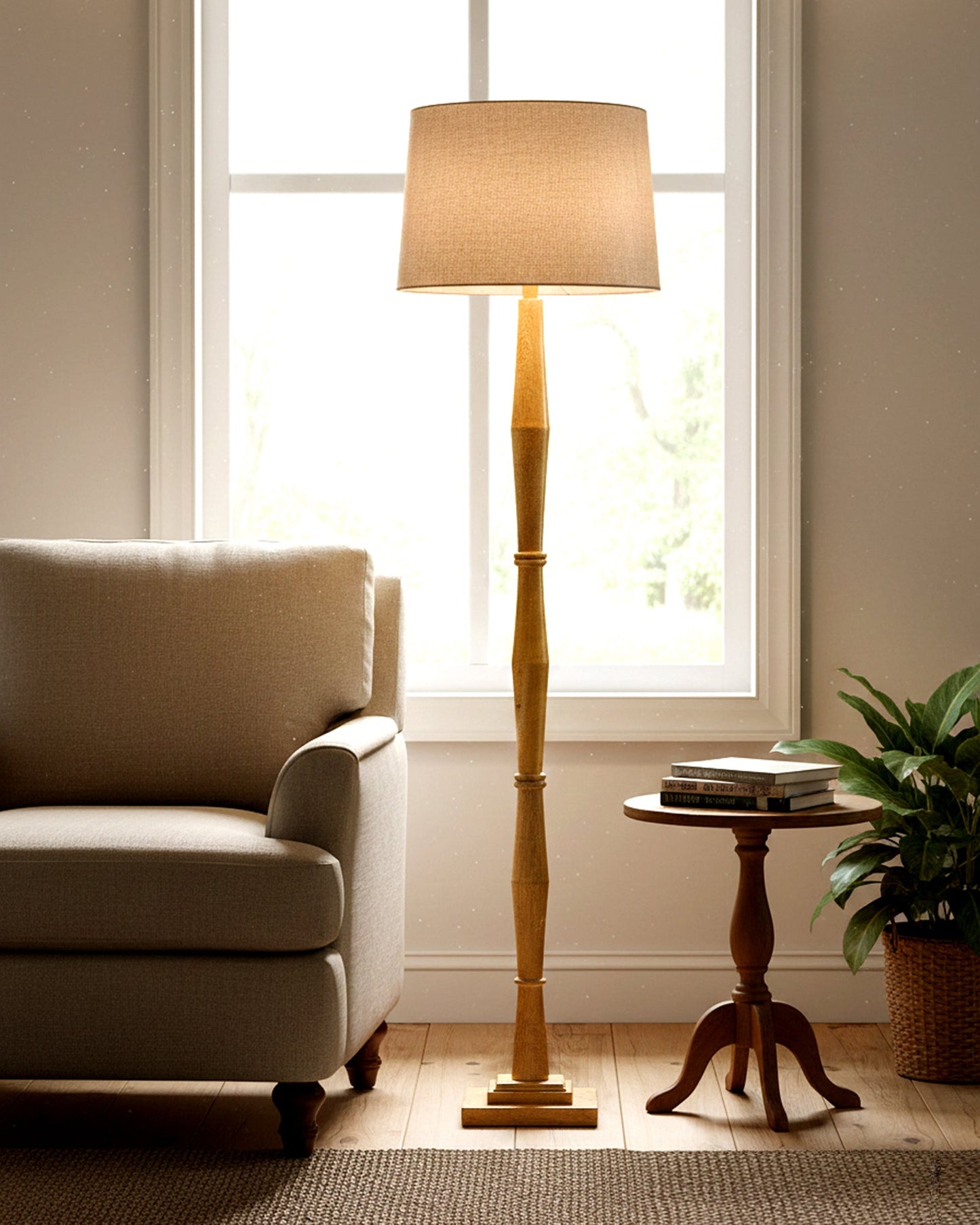 Wood Antique Candlestick Fabric Drum Shade Decor for Living Room Reading House Bedroom Home, Natural Diamond