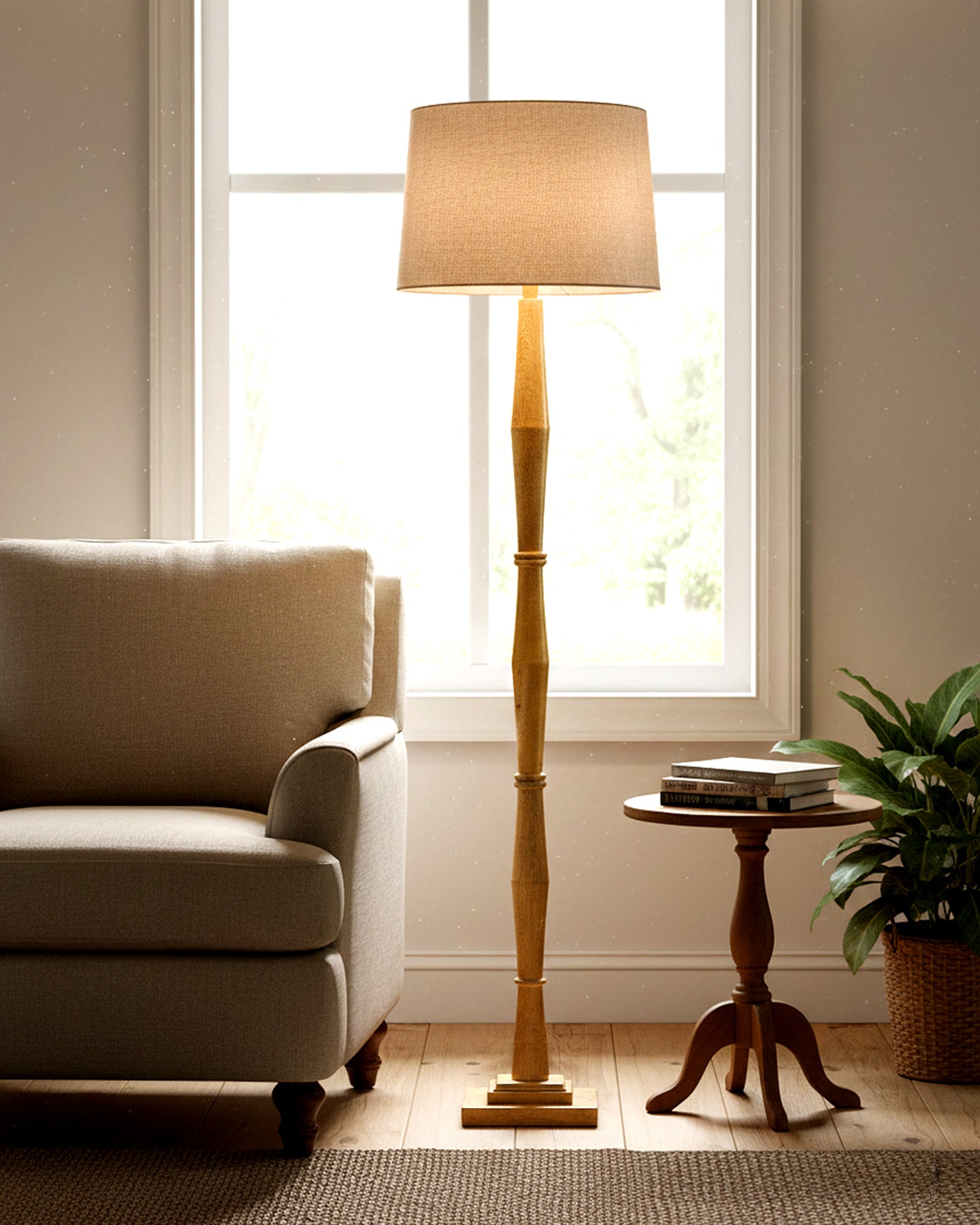 Wood Antique Candlestick Fabric Drum Shade Decor for Living Room Reading House Bedroom Home, Natural Diamond