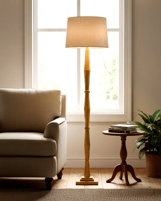 Wood Antique Candlestick Fabric Drum Shade Decor for Living Room Reading House Bedroom Home, Natural Diamond