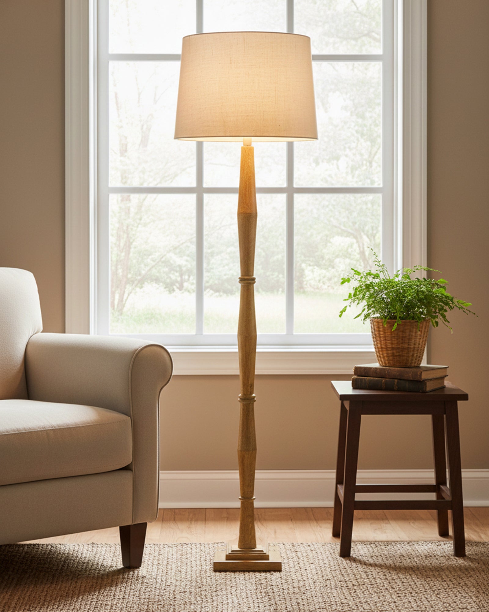 Wood Antique Candlestick Fabric Drum Shade Decor for Living Room Reading House Bedroom Home, Natural Diamond