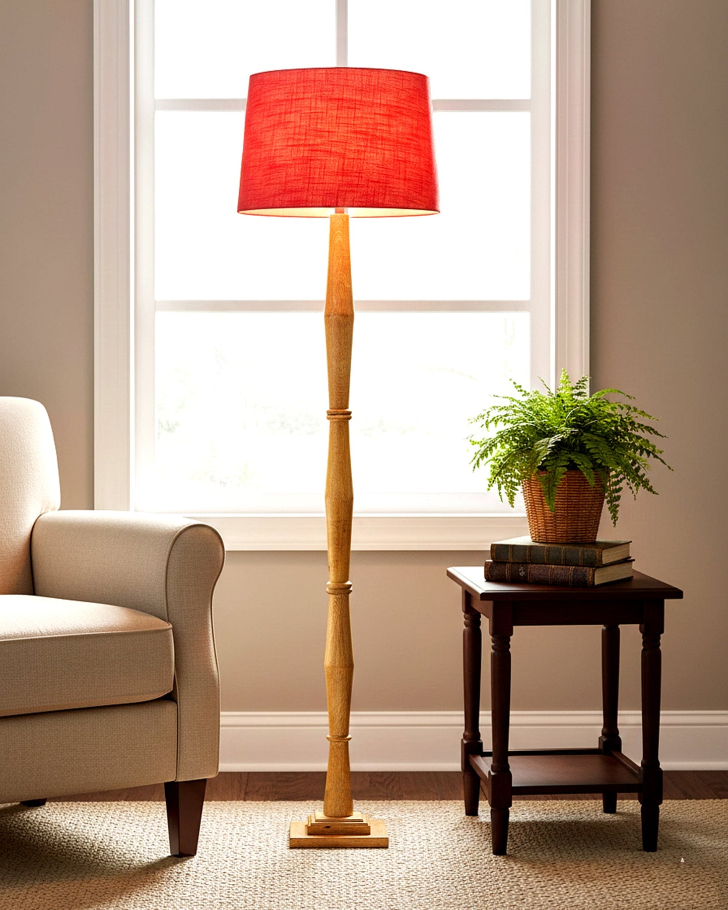 Wood Antique Candlestick Fabric Drum Shade Decor for Living Room Reading House Bedroom Home, Natural Diamond