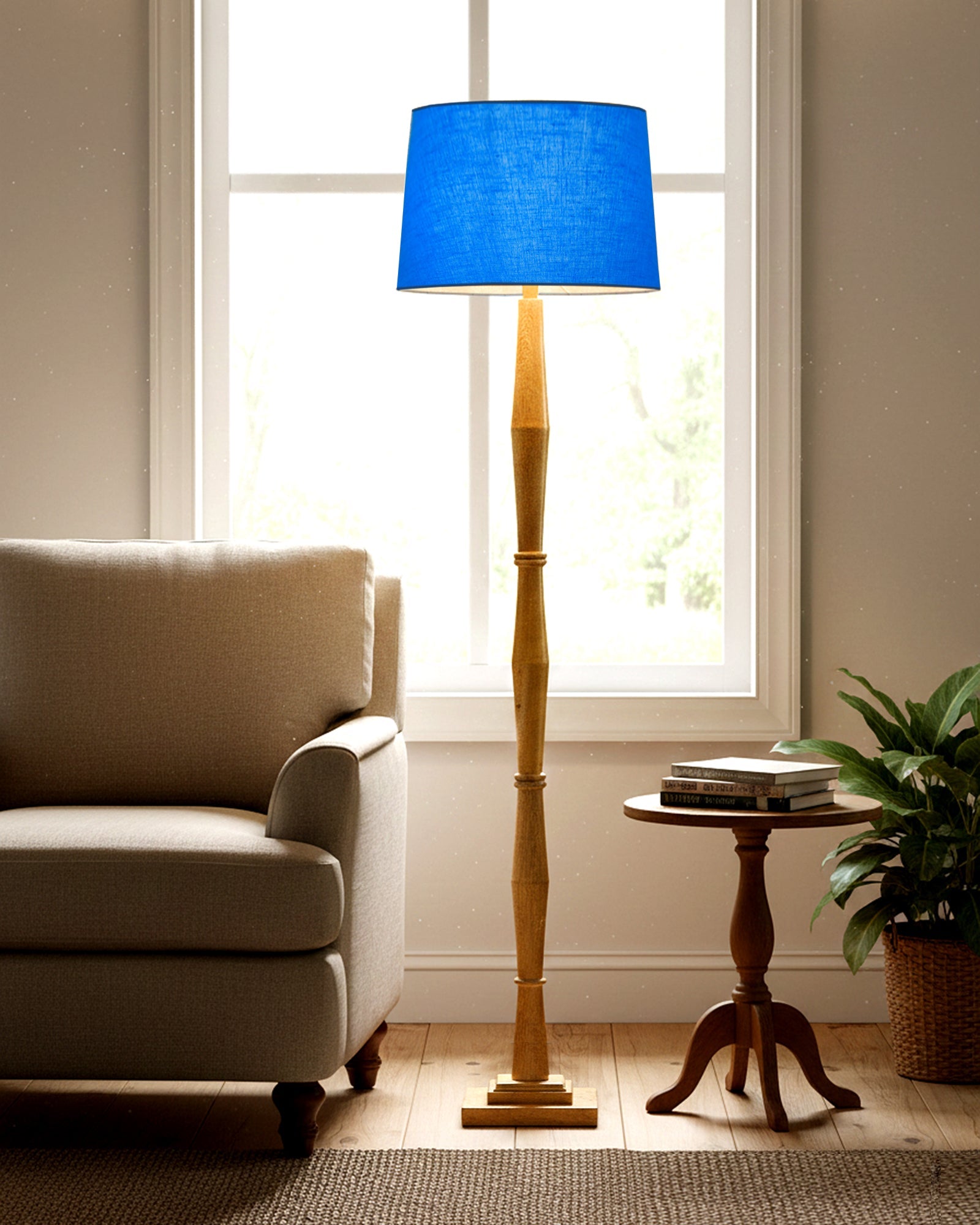 Wood Antique Candlestick Fabric Drum Shade Decor for Living Room Reading House Bedroom Home, Natural Diamond
