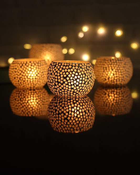 Moroccan White Glass Star Mosaic Candle Holder, Tea Light holder Votive