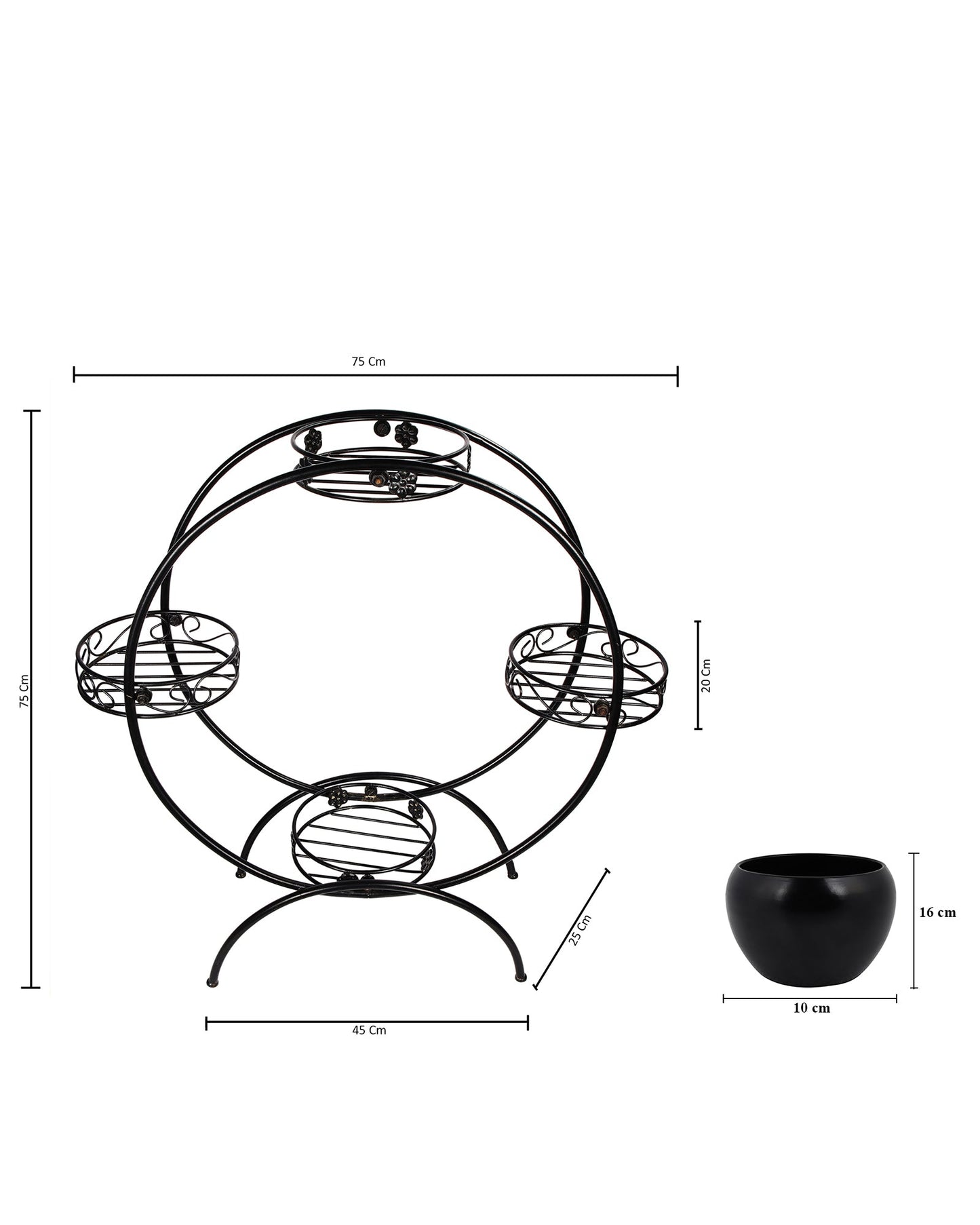 Round Black Plant Stand Metal Flower Holder Racks with 4 Tier With Metal Pot Garden Decoration Planter Rack Shelf Black