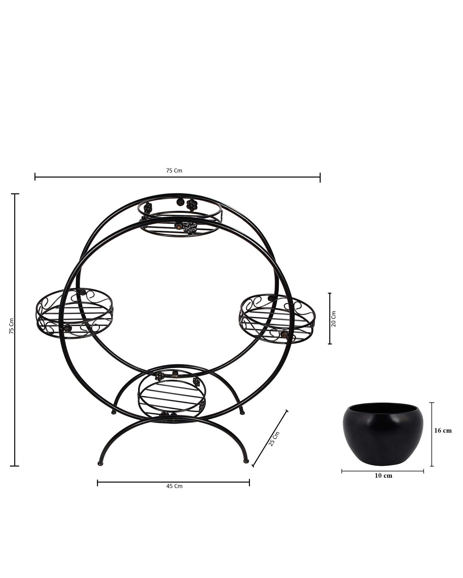 Round Black Plant Stand Metal Flower Holder Racks with 4 Tier With Metal Pot Garden Decoration Planter Rack Shelf Black