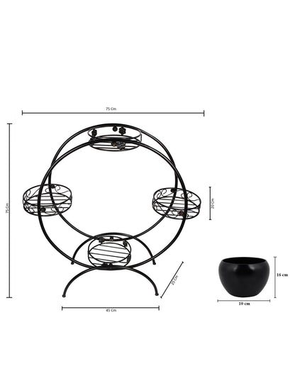 Round Black Plant Stand Metal Flower Holder Racks with 4 Tier With Metal Pot Garden Decoration Planter Rack Shelf Black