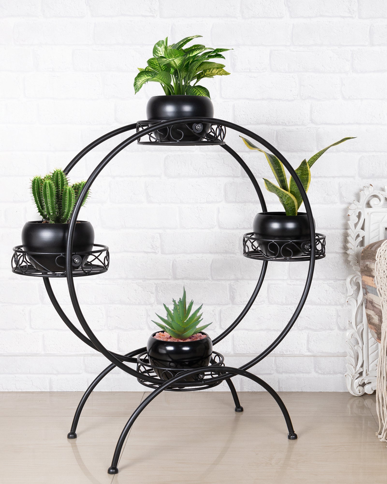 Round Black Plant Stand Metal Flower Holder Racks with 4 Tier With Metal Pot Garden Decoration Planter Rack Shelf Black