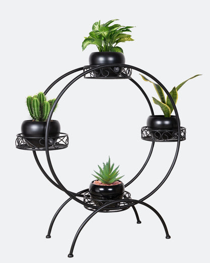 Round Black Plant Stand Metal Flower Holder Racks with 4 Tier With Metal Pot Garden Decoration Planter Rack Shelf Black