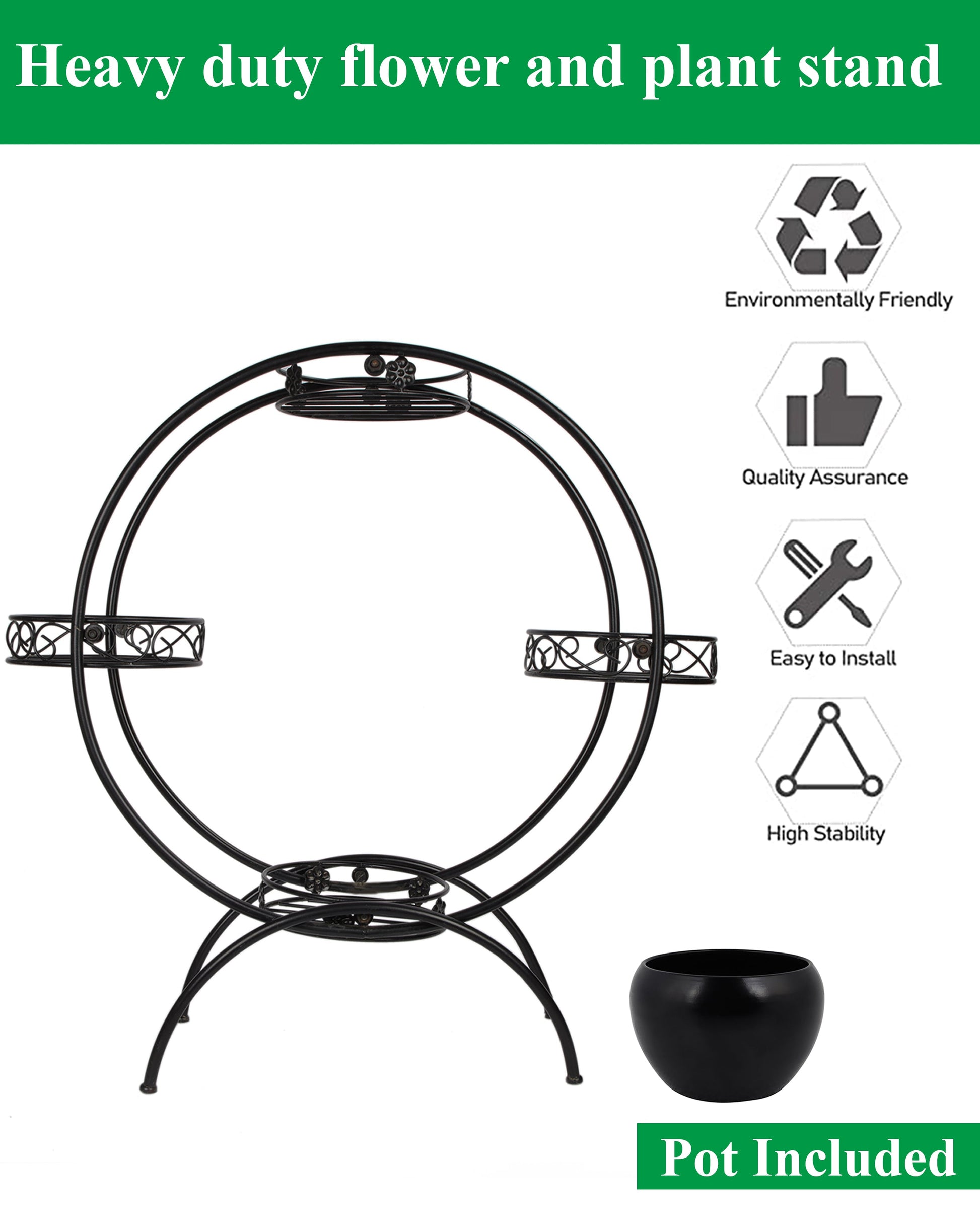 Round Black Plant Stand Metal Flower Holder Racks with 4 Tier With Metal Pot Garden Decoration Planter Rack Shelf Black