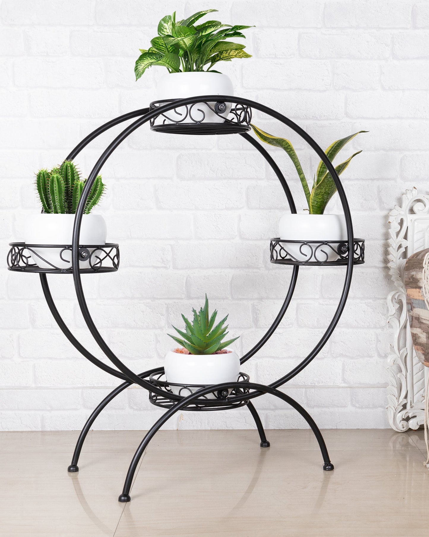 Round Black Plant Stand Metal Flower Holder Racks with 4 Tier With Metal Pot Garden Decoration Planter Rack Shelf Black