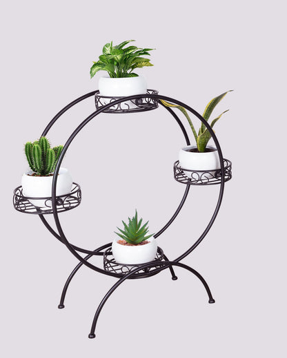 Round Black Plant Stand Metal Flower Holder Racks with 4 Tier With Metal Pot Garden Decoration Planter Rack Shelf Black
