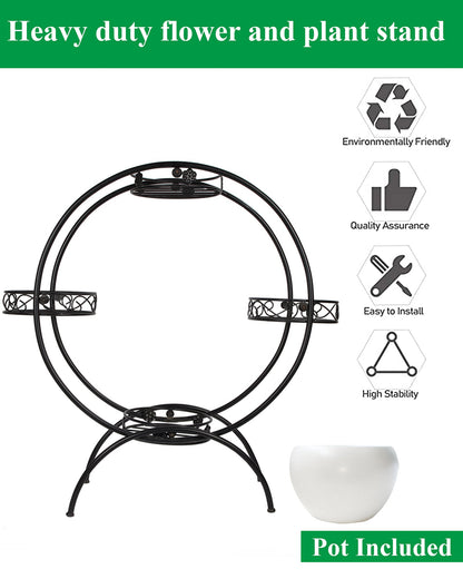 Round Black Plant Stand Metal Flower Holder Racks with 4 Tier With Metal Pot Garden Decoration Planter Rack Shelf Black