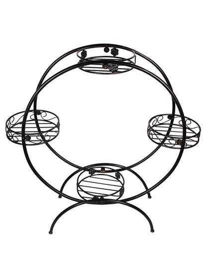 Round Black Plant Stand Metal Flower Holder Racks with 4 Tier With Metal Pot Garden Decoration Planter Rack Shelf Black