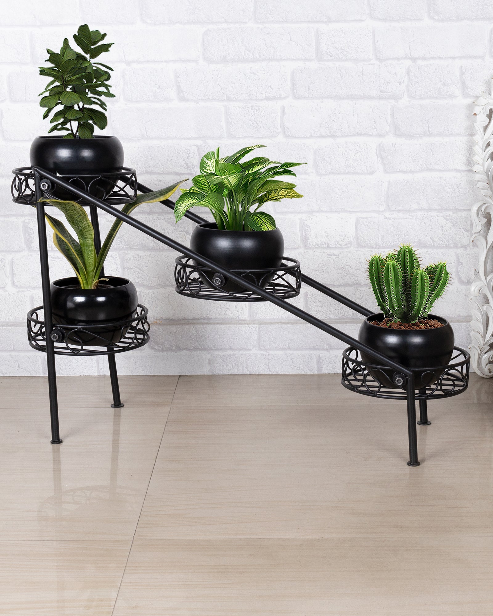 4 Tier Ladder Plant Stand Metal Flower Holder Racks With Metal Pot Garden Decoration Planter Rack Shelf