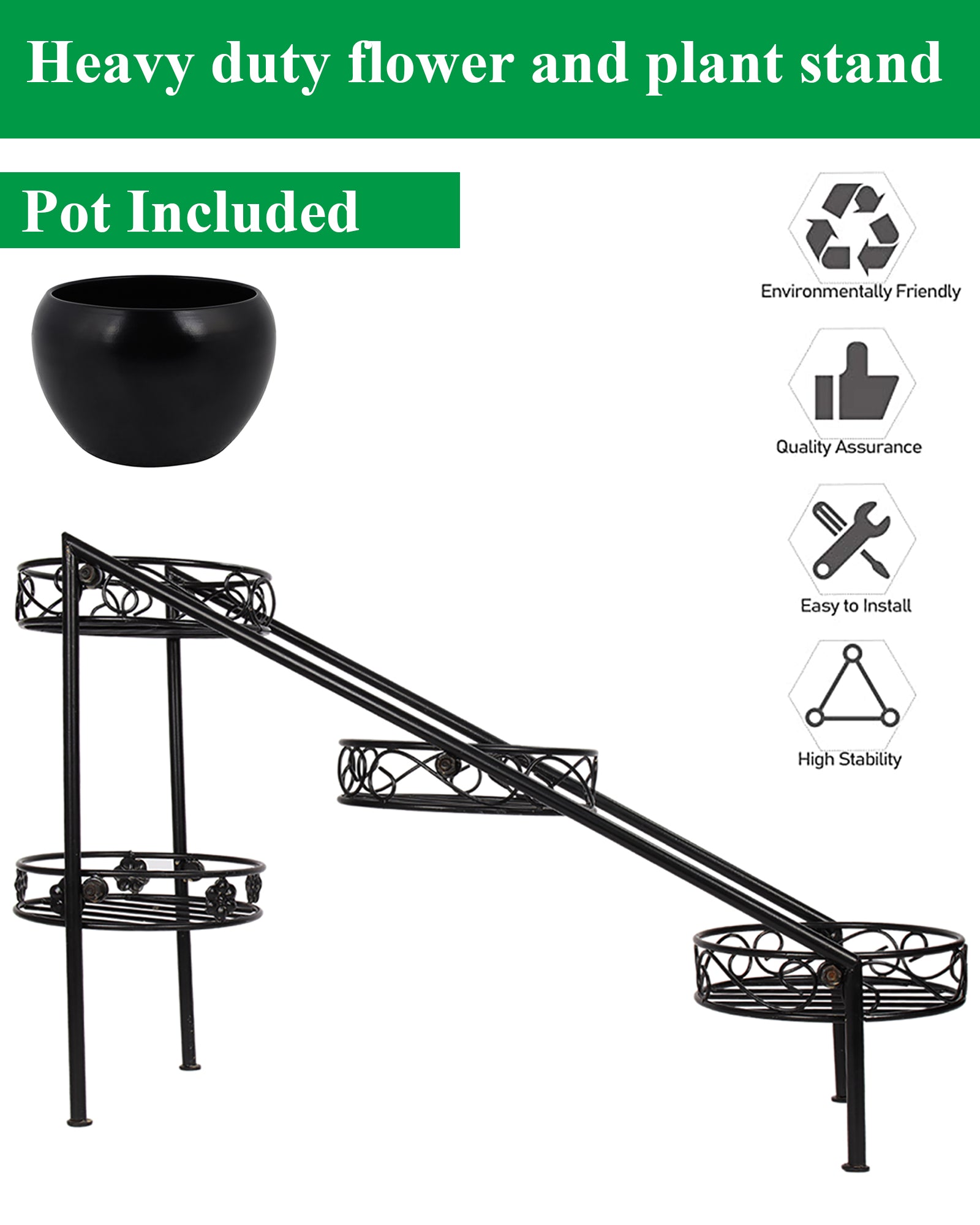 4 Tier Ladder Plant Stand Metal Flower Holder Racks With Metal Pot Garden Decoration Planter Rack Shelf