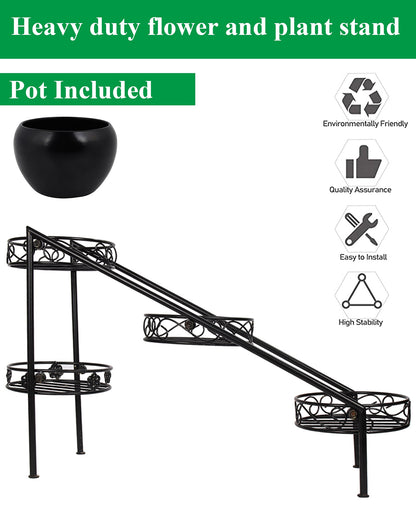 4 Tier Ladder Plant Stand Metal Flower Holder Racks With Metal Pot Garden Decoration Planter Rack Shelf