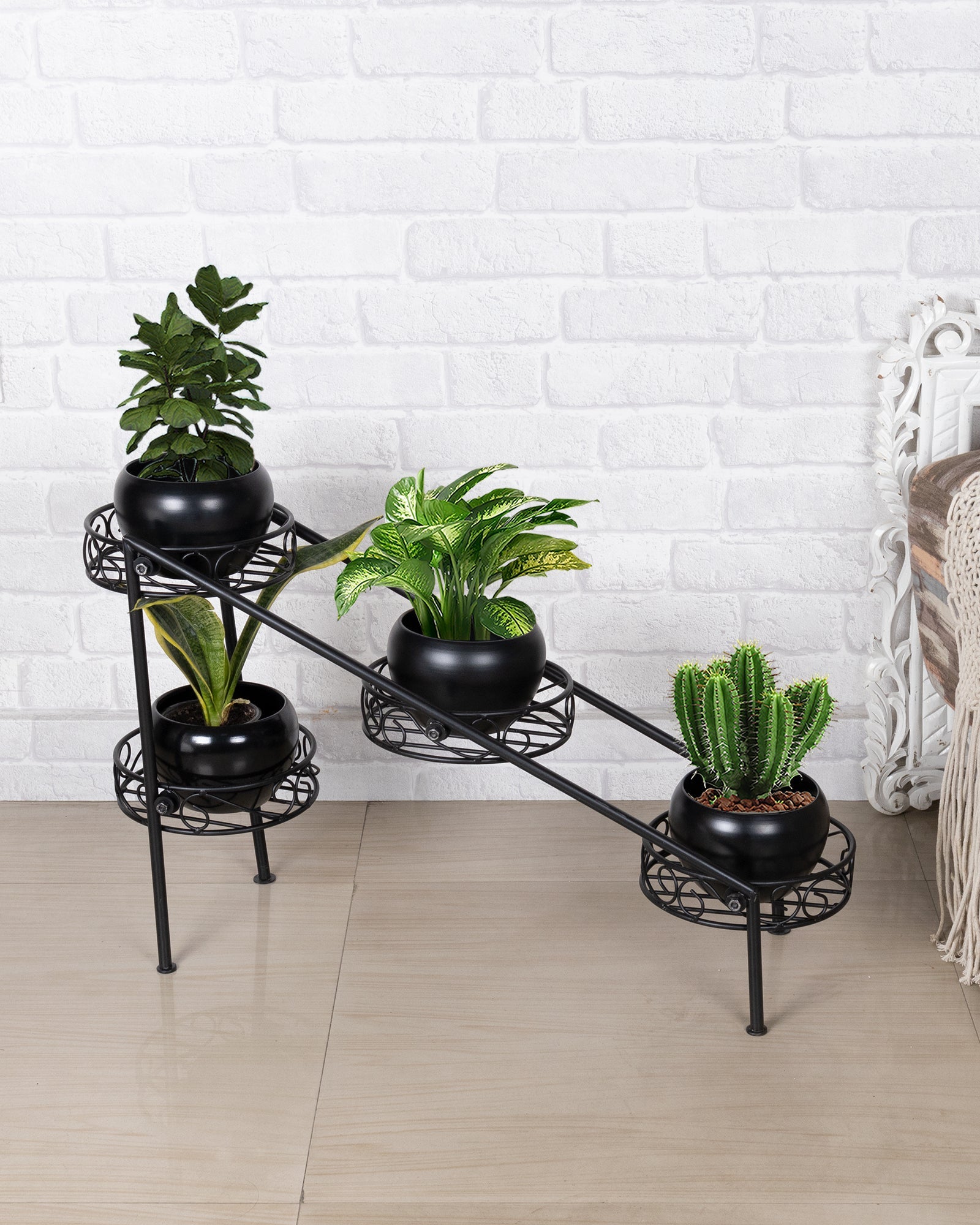 4 Tier Ladder Plant Stand Metal Flower Holder Racks With Metal Pot Garden Decoration Planter Rack Shelf