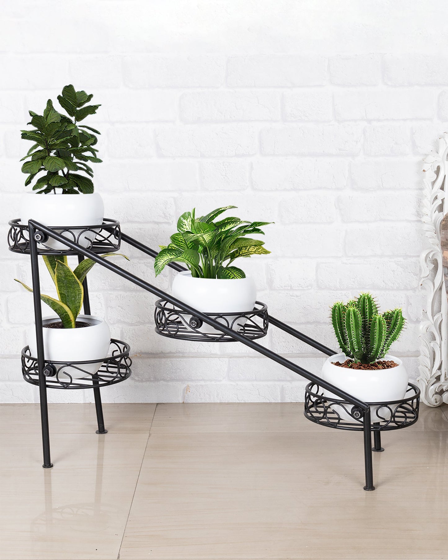 4 Tier Ladder Plant Stand Metal Flower Holder Racks With Metal Pot Garden Decoration Planter Rack Shelf