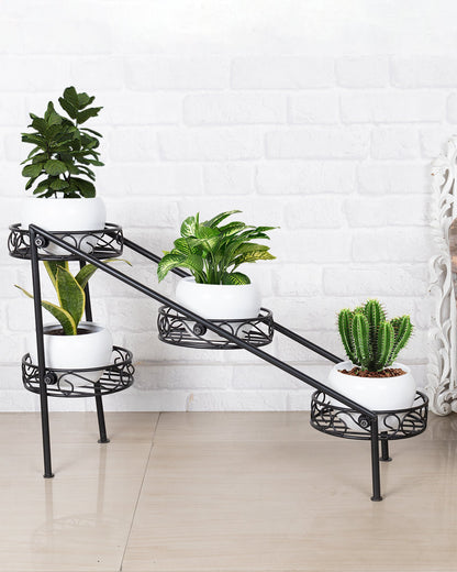 4 Tier Ladder Plant Stand Metal Flower Holder Racks With Metal Pot Garden Decoration Planter Rack Shelf