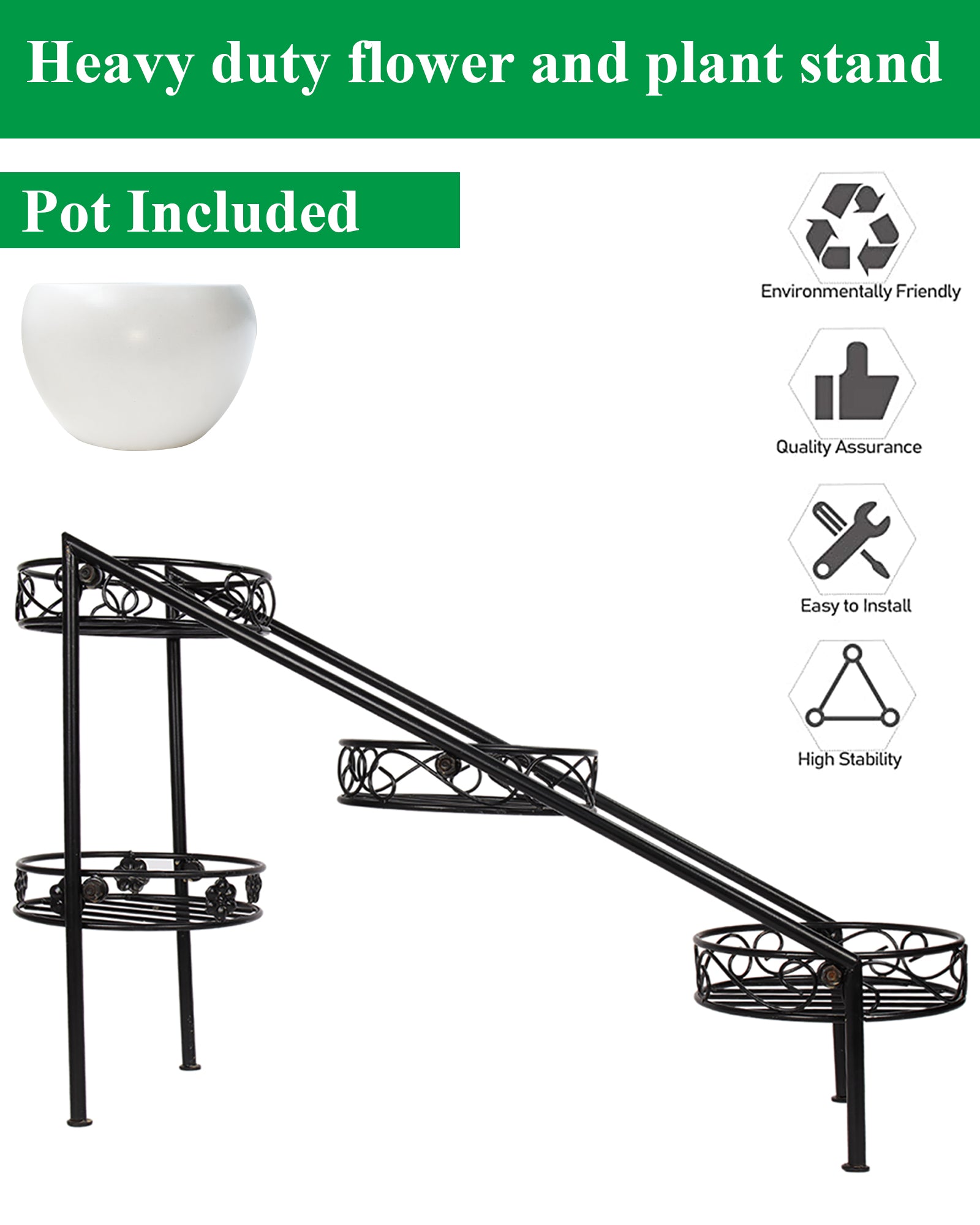 4 Tier Ladder Plant Stand Metal Flower Holder Racks With Metal Pot Garden Decoration Planter Rack Shelf