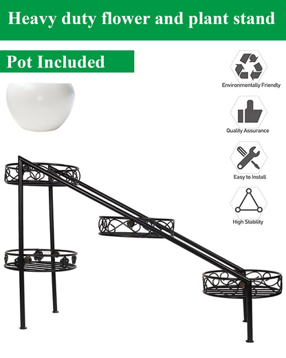 4 Tier Ladder Plant Stand Metal Flower Holder Racks With Metal Pot Garden Decoration Planter Rack Shelf