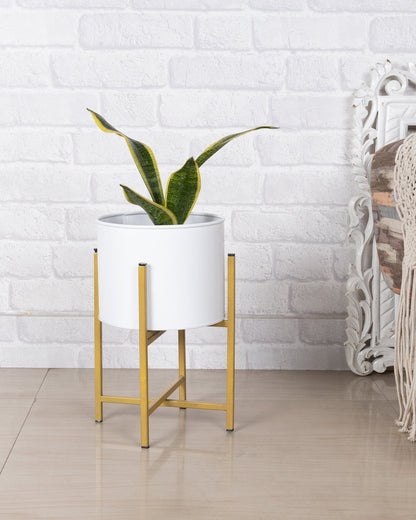 11" Mid Century Golden Modern Medium Planter with Stand, with Black Pot, Plant Holder for Indoor Snake Plants Flowers