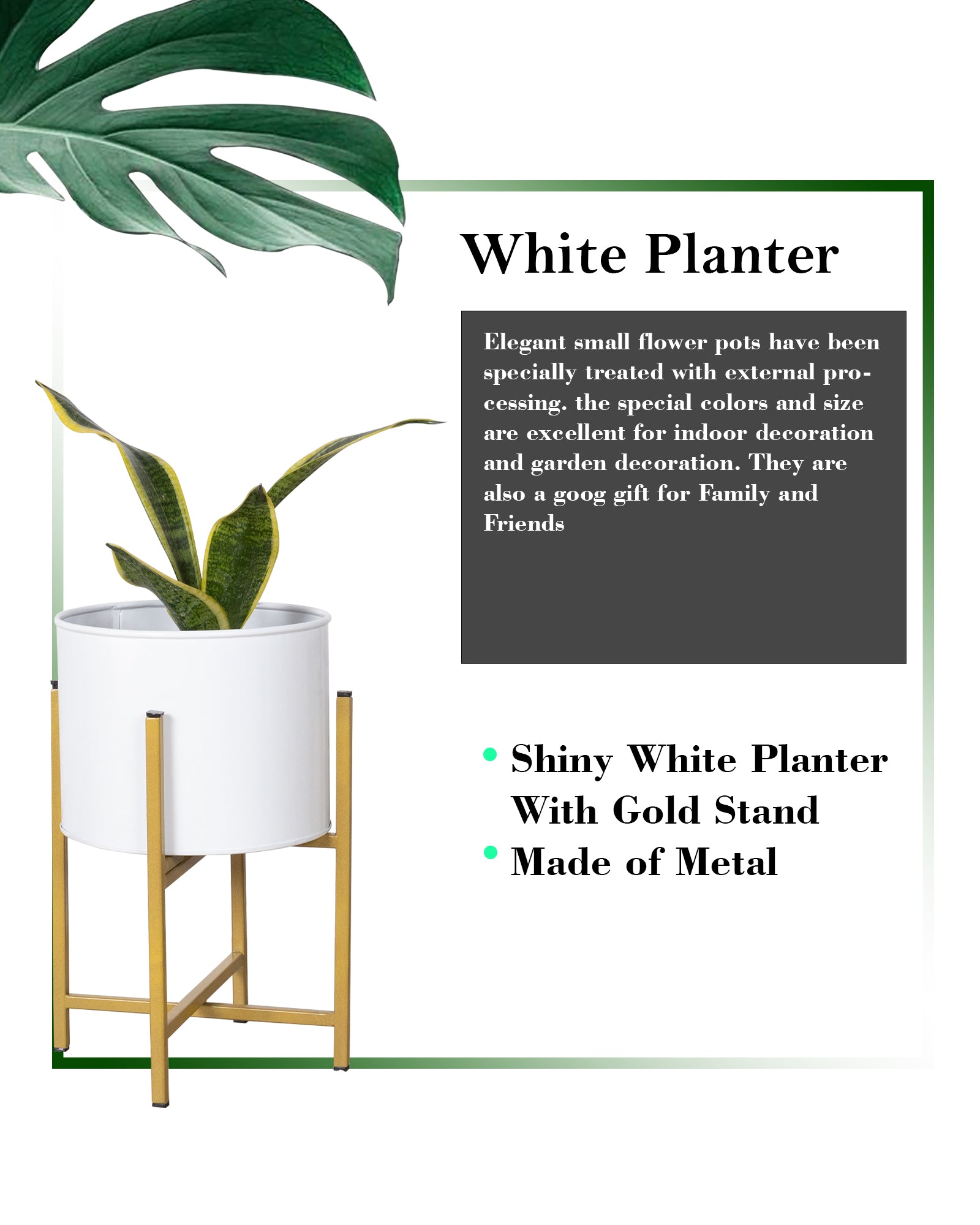 11" Mid Century Golden Modern Medium Planter with Stand, with Black Pot, Plant Holder for Indoor Snake Plants Flowers
