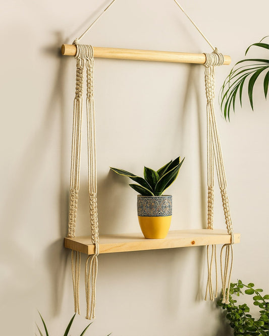 Macrame Wall Hanging Shelf Wood Floating Boho Shelves with Wooden Dowel Modern Chic Hand Woven Art Decor for Apartment Dorm Bedroom Living Room Nursery Beige
