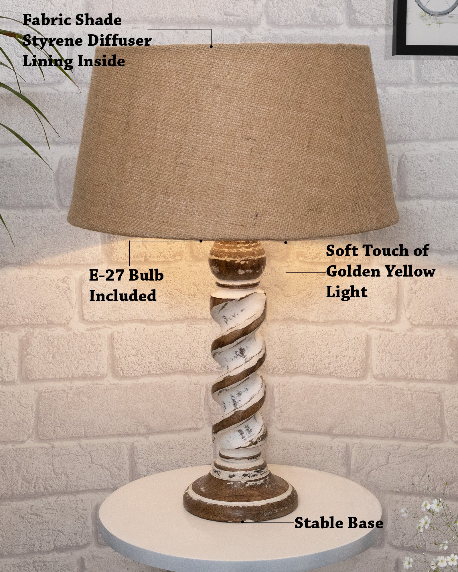 Signature Rustic Rope Whitewash Table Lamp With Jute Drum Shade, farmhouse Living Room Bedroom House Bedside Nightstand Home Office Reading Light