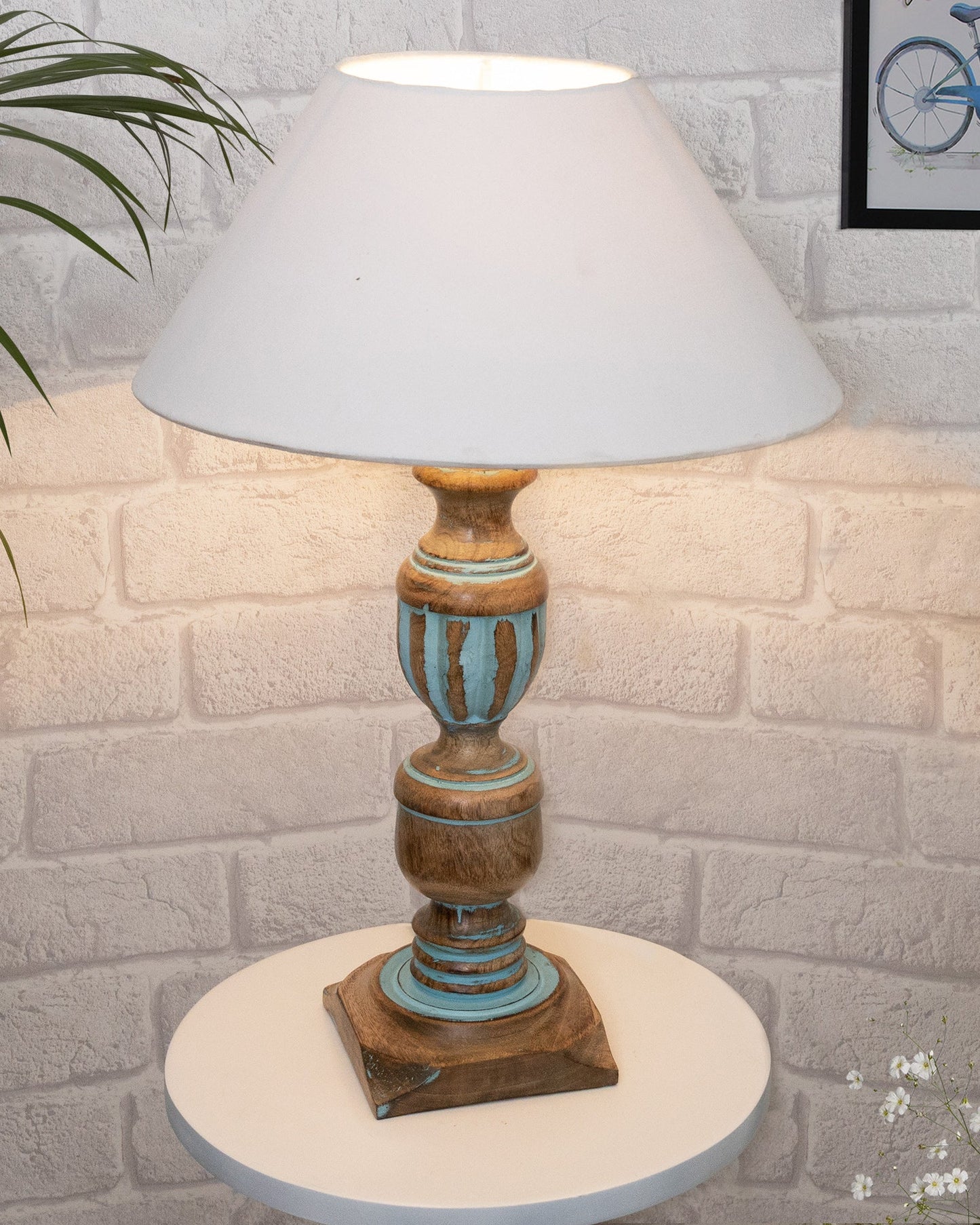 Rustic Distress Blue French Trophy Carved Table lamp with Empire Jute Shade