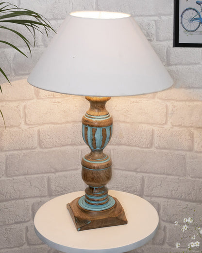 Rustic Distress Blue French Trophy Carved Table lamp with Empire Jute Shade