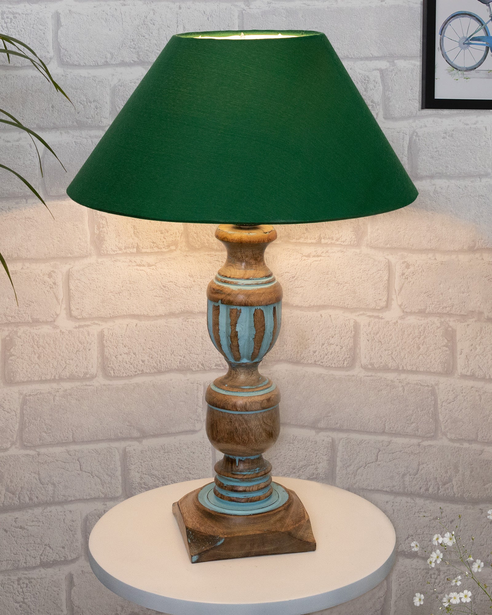 Rustic Distress Blue French Trophy Carved Table lamp with Empire Jute Shade