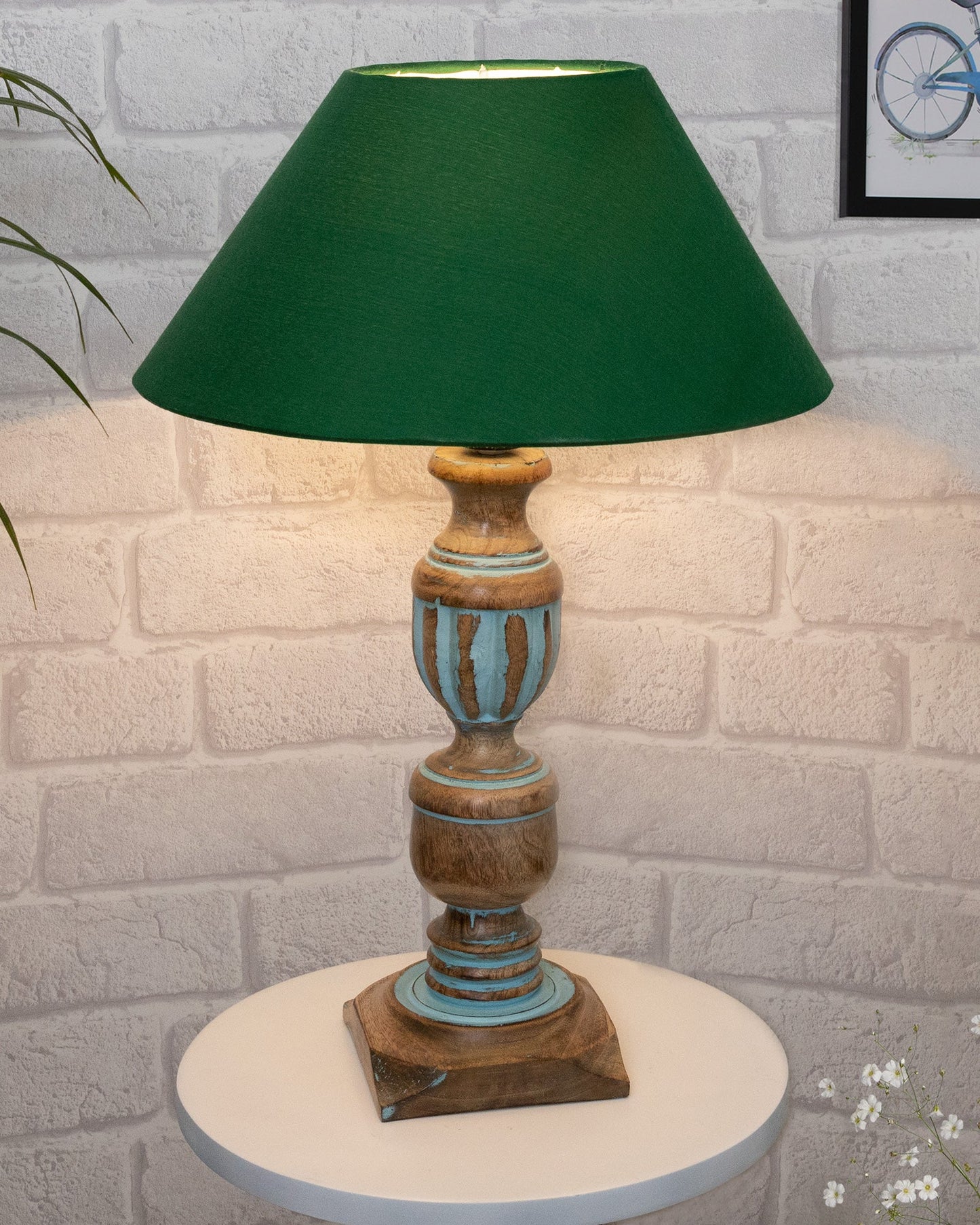 Rustic Distress Blue French Trophy Carved Table lamp with Empire Jute Shade