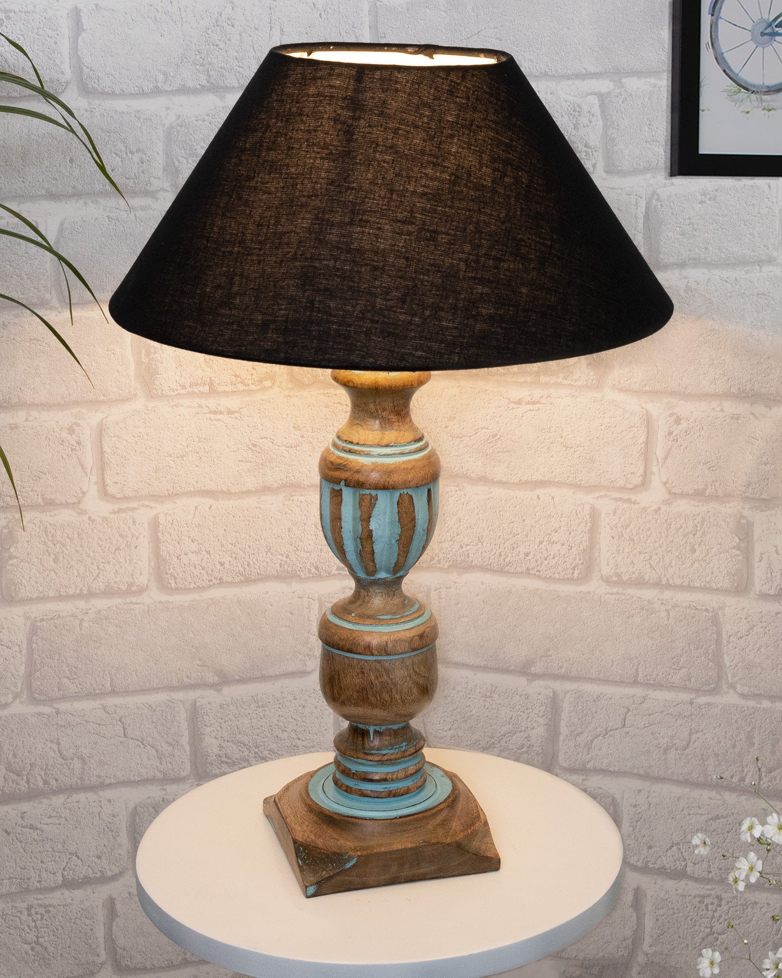 Rustic Distress Blue French Trophy Carved Table lamp with Empire Jute Shade