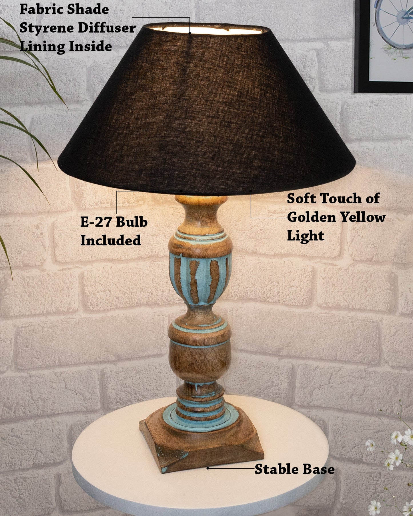 Rustic Distress Blue French Trophy Carved Table lamp with Empire Jute Shade