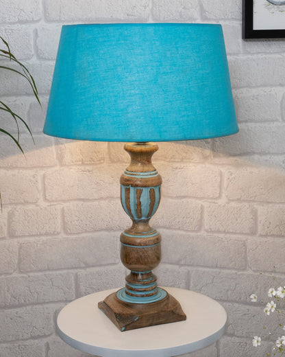 Rustic Distress Blue French Trophy Carved Table lamp with Empire Jute Shade