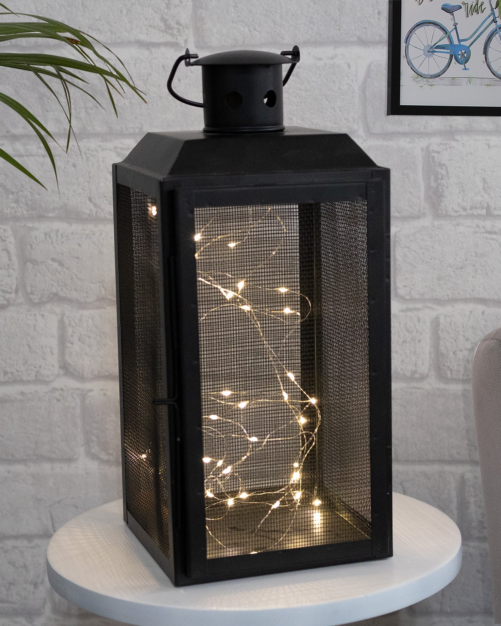 Iron Lantern and Candle Tealight Holder for Home Decor Items With 50 Warm White LEDs for Garden Patio Landscape Decoration Pack of 1 (Large)