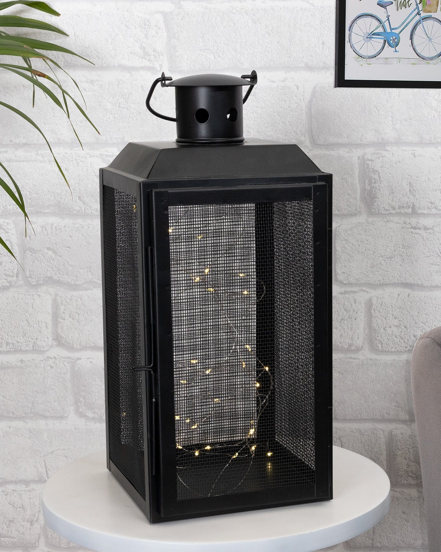 Iron Lantern and Candle Tealight Holder for Home Decor Items With 50 Warm White LEDs for Garden Patio Landscape Decoration Pack of 1 (Large)