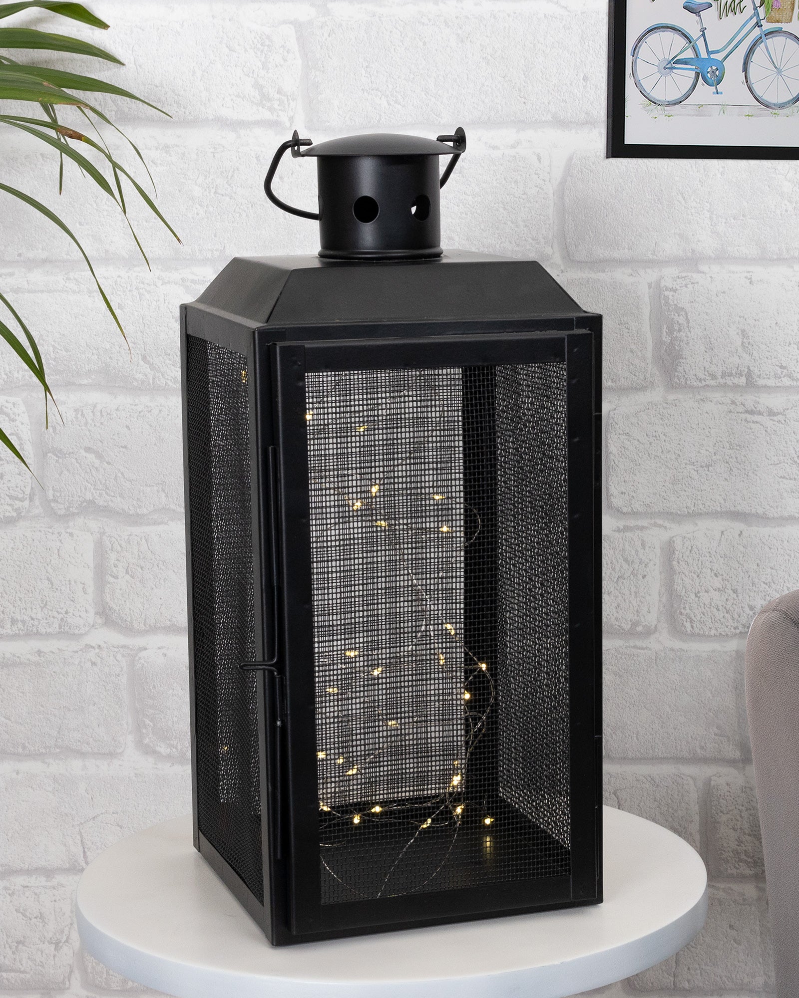 Iron Lantern and Candle Tealight Holder for Home Decor Items With 50 Warm White LEDs for Garden Patio Landscape Decoration Pack of 1 (Large)