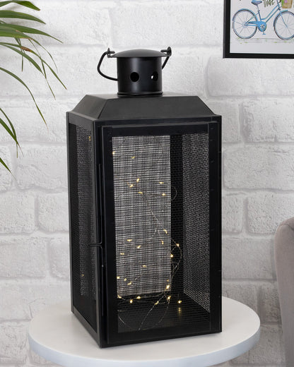 Iron Lantern and Candle Tealight Holder for Home Decor Items With 50 Warm White LEDs for Garden Patio Landscape Decoration Pack of 1 (Large)