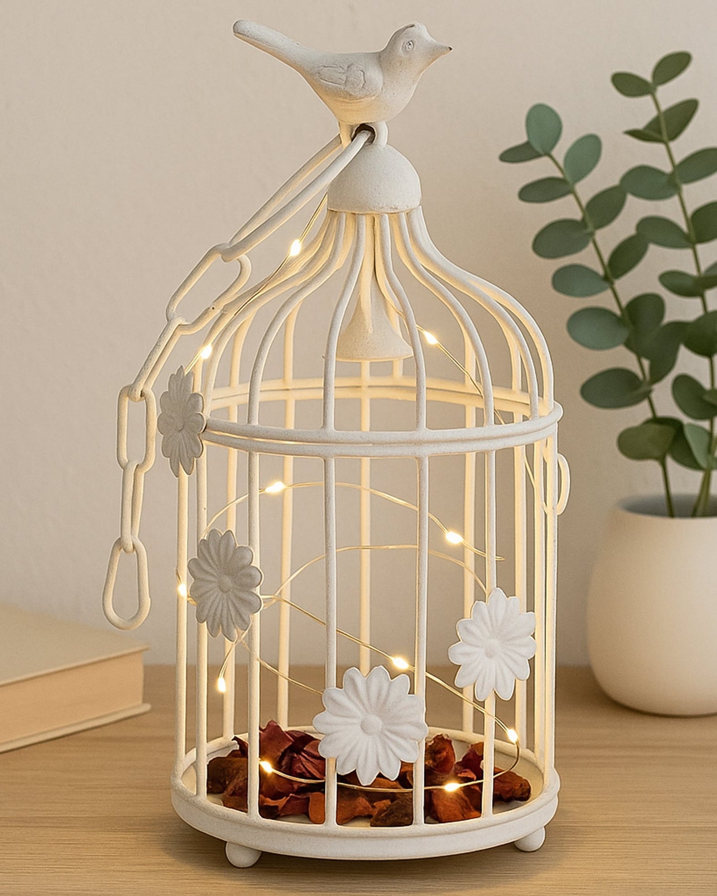 Modern Style Iron Decorative White Bird Cage Small with Hanging Chain Tabletop or Hanging Tealight Holder Candle Holder with Cork String Light