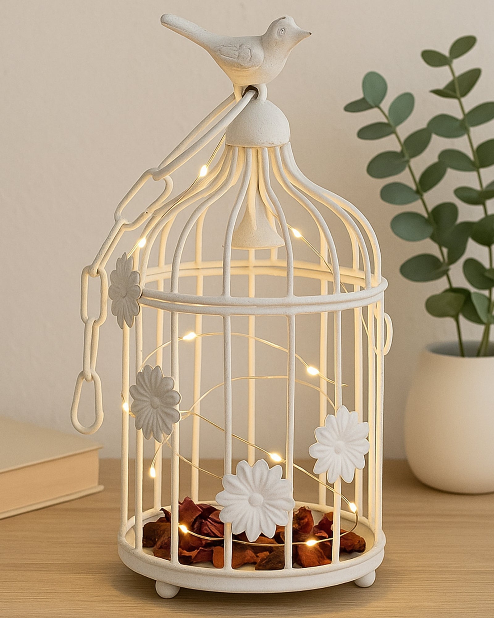 Modern Style Iron Decorative White Bird Cage Small with Hanging Chain Tabletop or Hanging Tealight Holder Candle Holder with Cork String Light