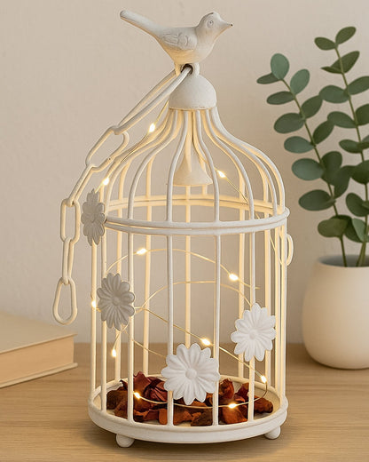 Modern Style Iron Decorative White Bird Cage Small with Hanging Chain Tabletop or Hanging Tealight Holder Candle Holder with Cork String Light