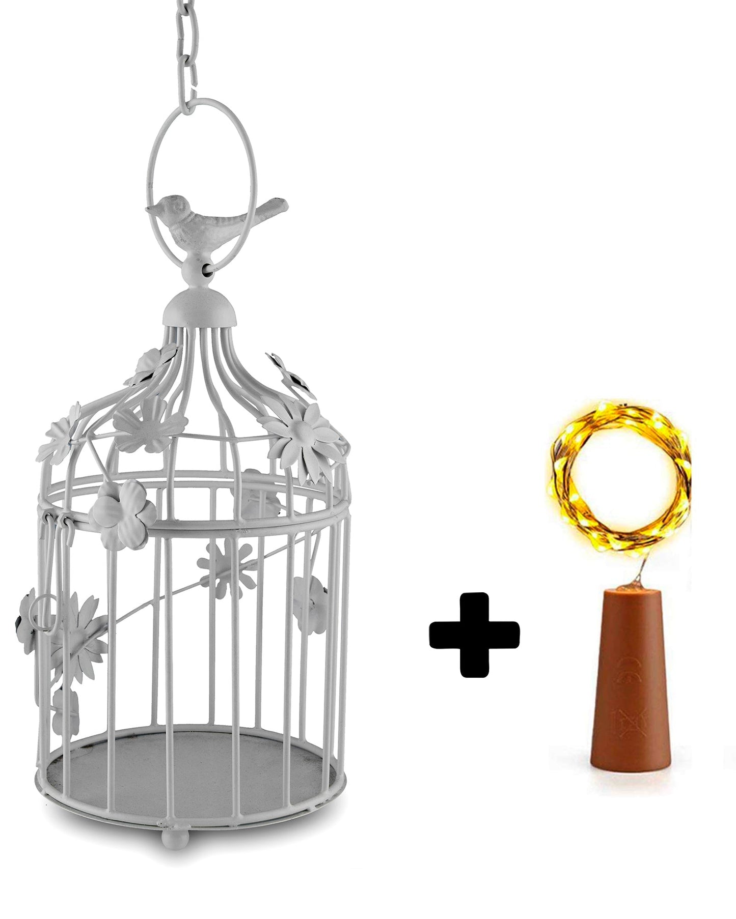 Modern Style Iron Decorative White Bird Cage Small with Hanging Chain Tabletop or Hanging Tealight Holder Candle Holder with Cork String Light