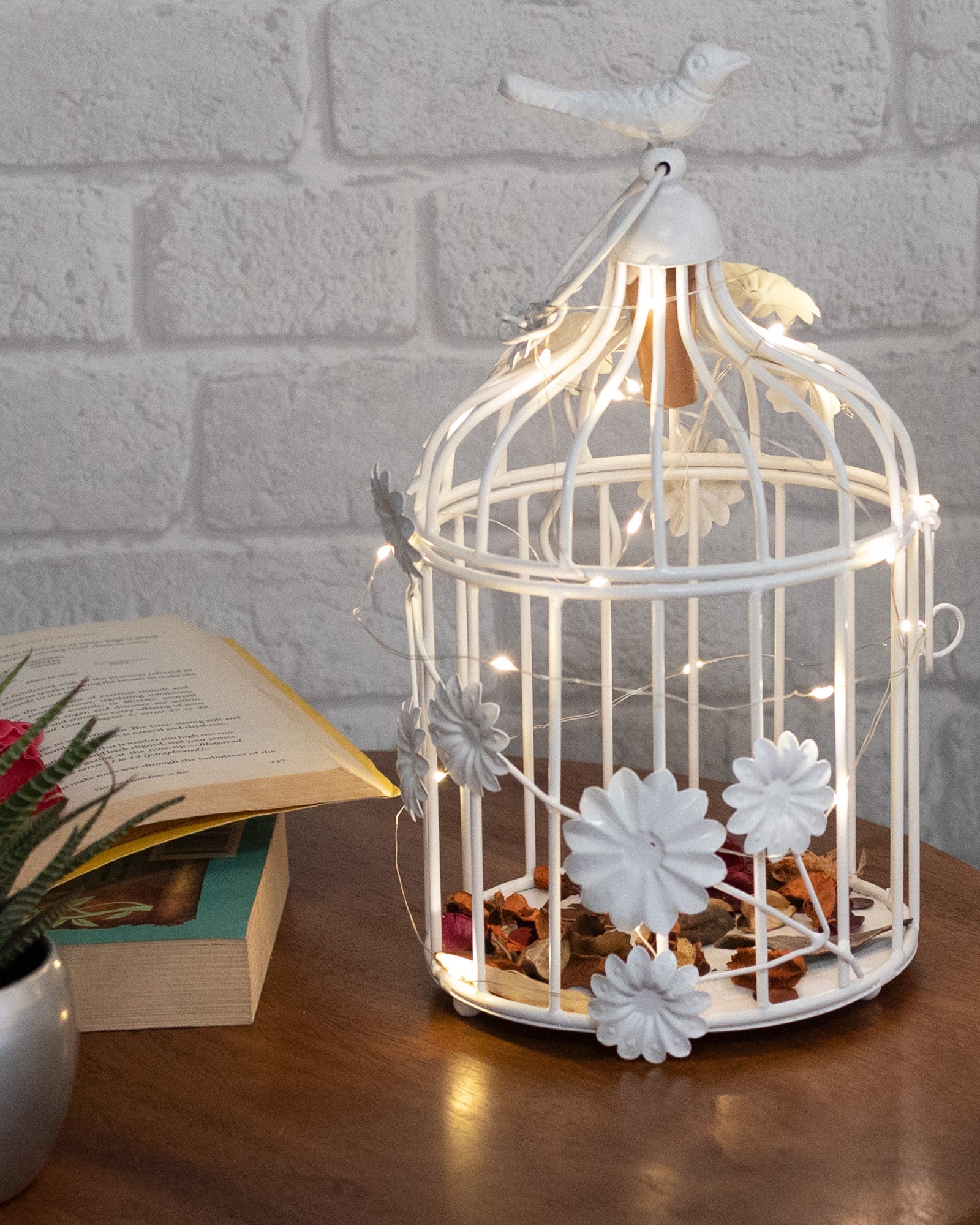 Modern Style Iron Decorative White Bird Cage Small with Hanging Chain Tabletop or Hanging Tealight Holder Candle Holder with Cork String Light