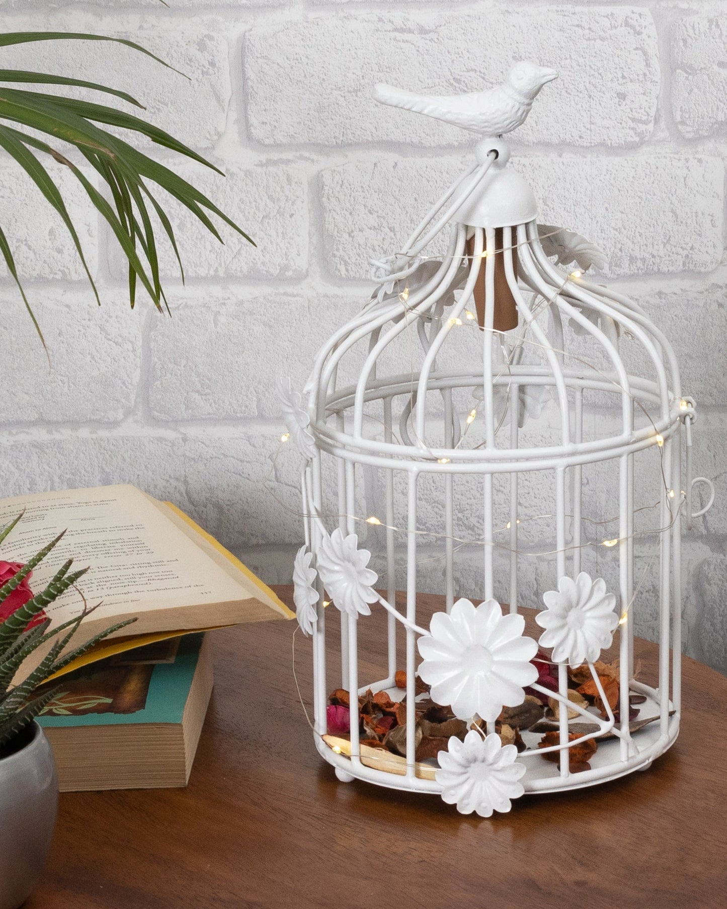 Modern Style Iron Decorative White Bird Cage Small with Hanging Chain Tabletop or Hanging Tealight Holder Candle Holder with Cork String Light
