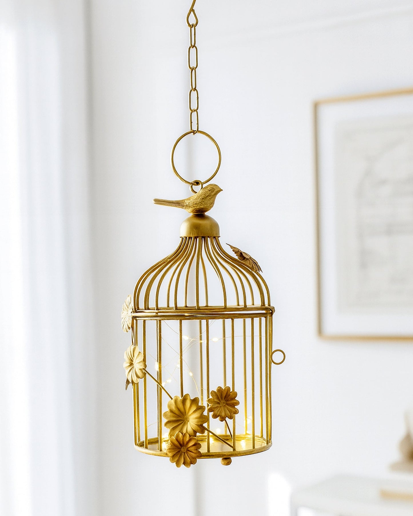 Modern Style Iron Decorative White Bird Cage Small with Hanging Chain Tabletop or Hanging Tealight Holder Candle Holder with Cork String Light