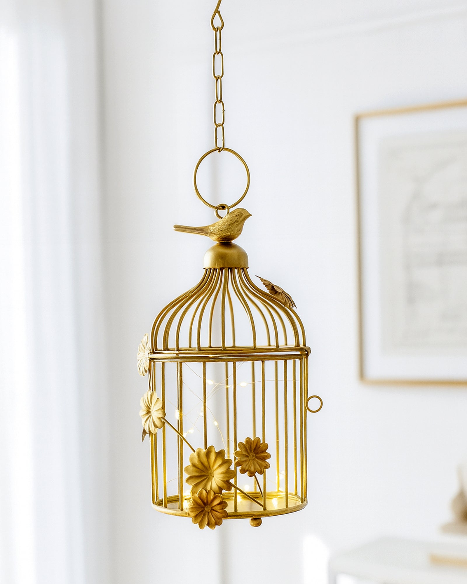 Modern Style Iron Decorative White Bird Cage Small with Hanging Chain Tabletop or Hanging Tealight Holder Candle Holder with Cork String Light