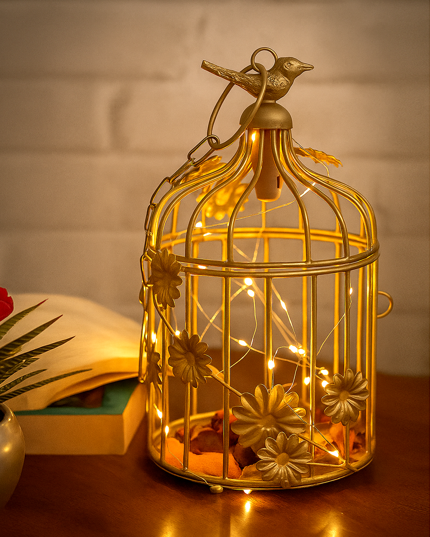 Modern Style Iron Decorative White Bird Cage Small with Hanging Chain Tabletop or Hanging Tealight Holder Candle Holder with Cork String Light