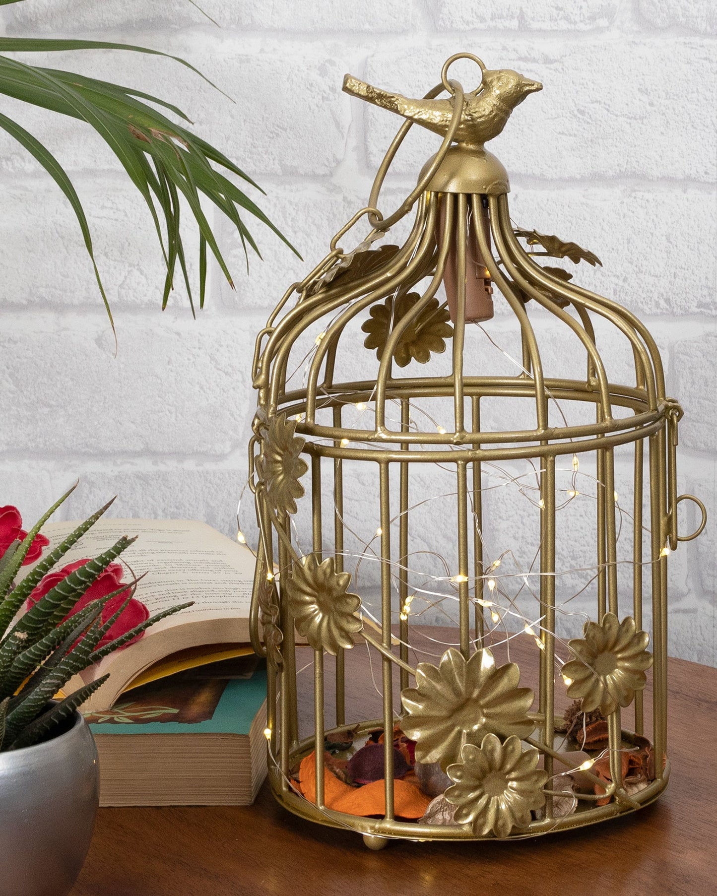 Modern Style Iron Decorative White Bird Cage Small with Hanging Chain Tabletop or Hanging Tealight Holder Candle Holder with Cork String Light